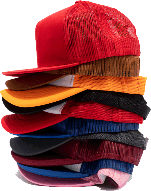 opciones de personalizacion gorras acepublicitarios Gorras Publicitaria estilo camionero, un sobre otra en colores rojo, cafe, naranja, negro, blanco y roja, azul, gris oscuro, vinotinto y blanco azul
